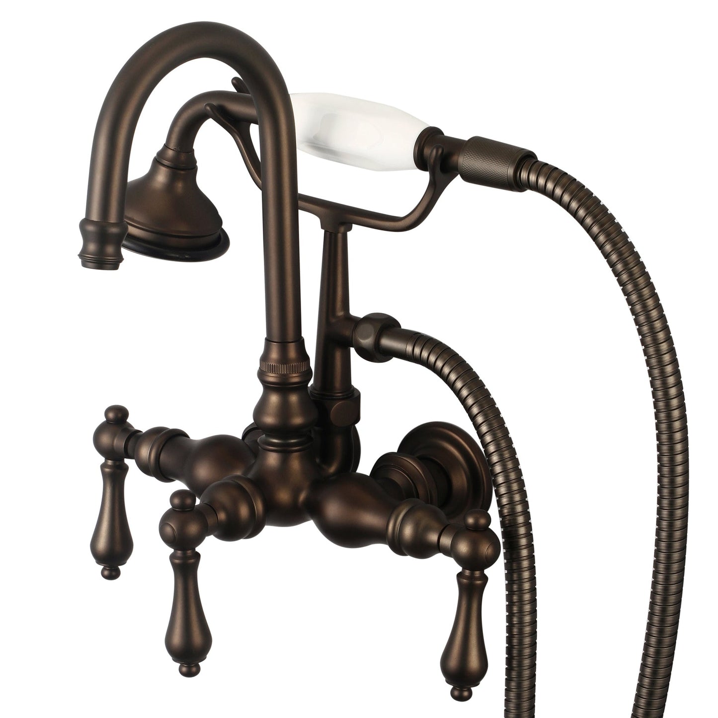 Water Creation Vintage Classic Center Wall Mount Tub F6-0012 9.25" Brown Solid Brass Faucet With Gooseneck Spout, Straight Wall Connector And Handheld Shower And Metal Lever Handles Without Labels