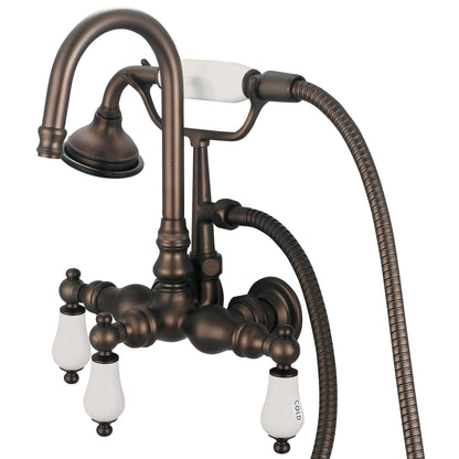 Water Creation Vintage Classic Center Wall Mount Tub F6-0012 9.25" Brown Solid Brass Faucet With Gooseneck Spout, Straight Wall Connector And Handheld Shower And Porcelain Lever Handles, Hot And Cold Labels Included