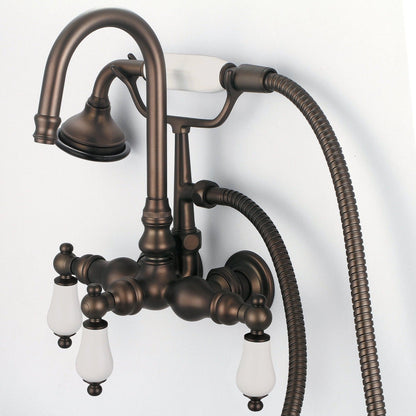 Water Creation Vintage Classic Center Wall Mount Tub F6-0012 9.25" Brown Solid Brass Faucet With Gooseneck Spout, Straight Wall Connector And Handheld Shower And Porcelain Lever Handles Without Labels