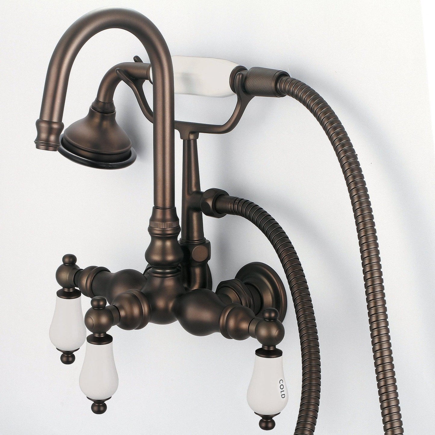 Water Creation Vintage Classic Center Wall Mount Tub F6-0012 9.25" Brown Solid Brass Faucet With Gooseneck Spout, Straight Wall Connector And Handheld Shower And Porcelain Lever Handles, Hot And Cold Labels Included