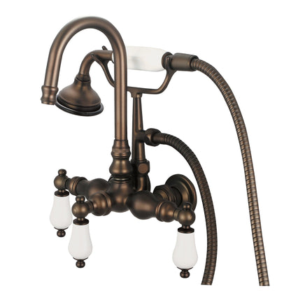 Water Creation Vintage Classic Center Wall Mount Tub F6-0012 9.25" Brown Solid Brass Faucet With Gooseneck Spout, Straight Wall Connector And Handheld Shower And Porcelain Lever Handles Without Labels