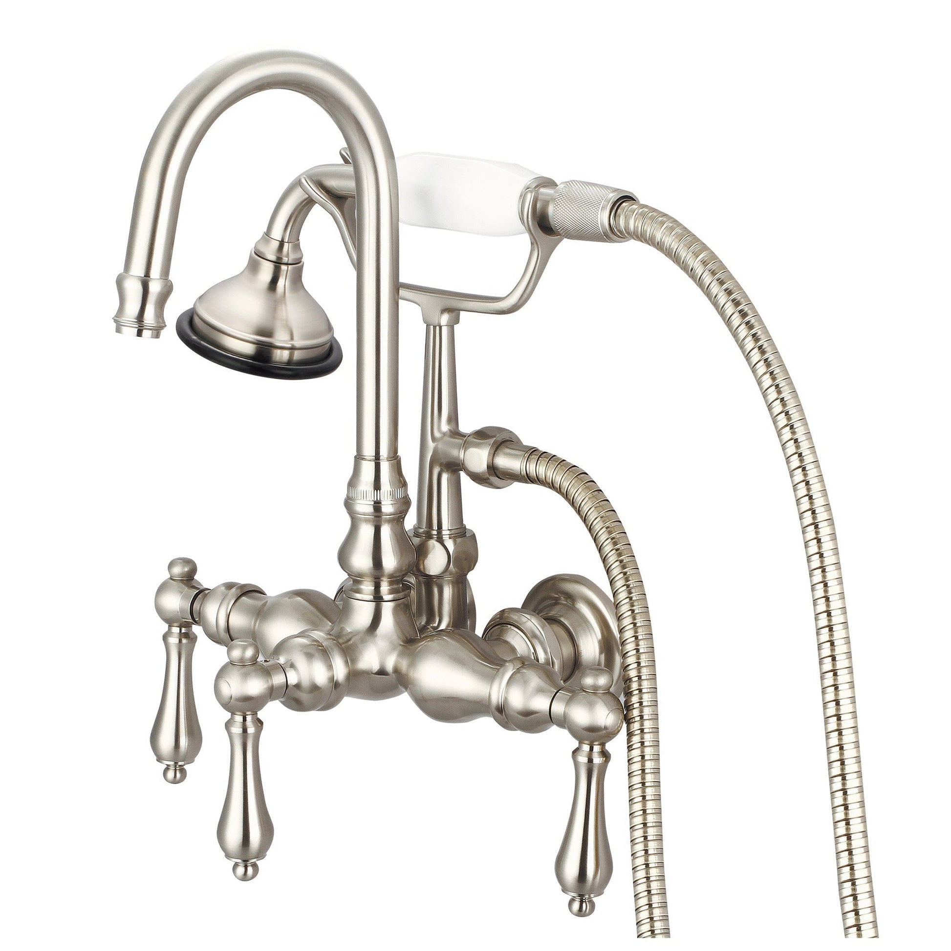 Water Creation Vintage Classic Center Wall Mount Tub F6-0012 9.25" Grey Solid Brass Faucet With Gooseneck Spout, Straight Wall Connector And Handheld Shower And Metal Lever Handles Without Labels