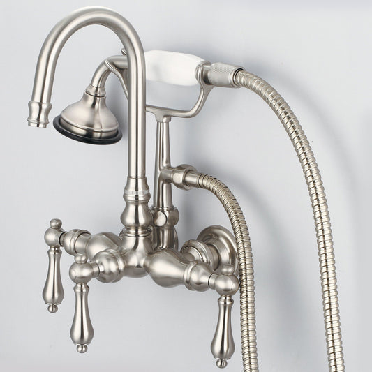Water Creation Vintage Classic Center Wall Mount Tub F6-0012 9.25" Grey Solid Brass Faucet With Gooseneck Spout, Straight Wall Connector And Handheld Shower And Metal Lever Handles Without Labels
