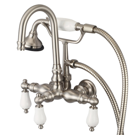 Water Creation Vintage Classic Center Wall Mount Tub F6-0012 9.25" Grey Solid Brass Faucet With Gooseneck Spout, Straight Wall Connector And Handheld Shower And Porcelain Lever Handles Without Labels