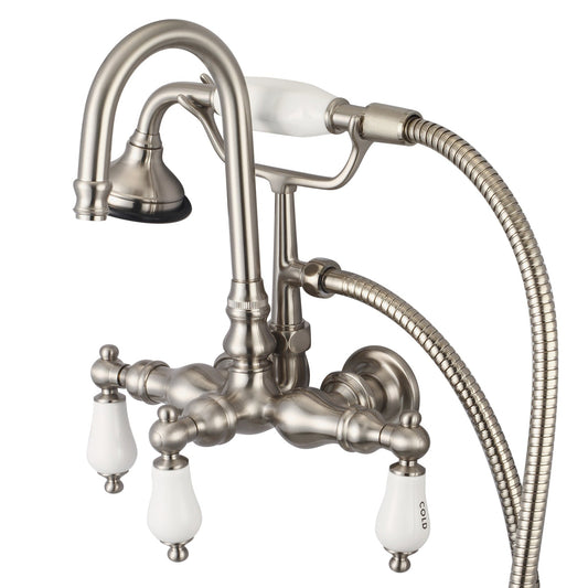 Water Creation Vintage Classic Center Wall Mount Tub F6-0012 9.25" Grey Solid Brass Faucet With Gooseneck Spout, Straight Wall Connector And Handheld Shower And Porcelain Lever Handles, Hot And Cold Labels Included