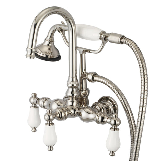 Water Creation Vintage Classic Center Wall Mount Tub F6-0012 9.25" Ivory Solid Brass Faucet With Gooseneck Spout, Straight Wall Connector And Handheld Shower And Porcelain Lever Handles, Hot And Cold Labels Included