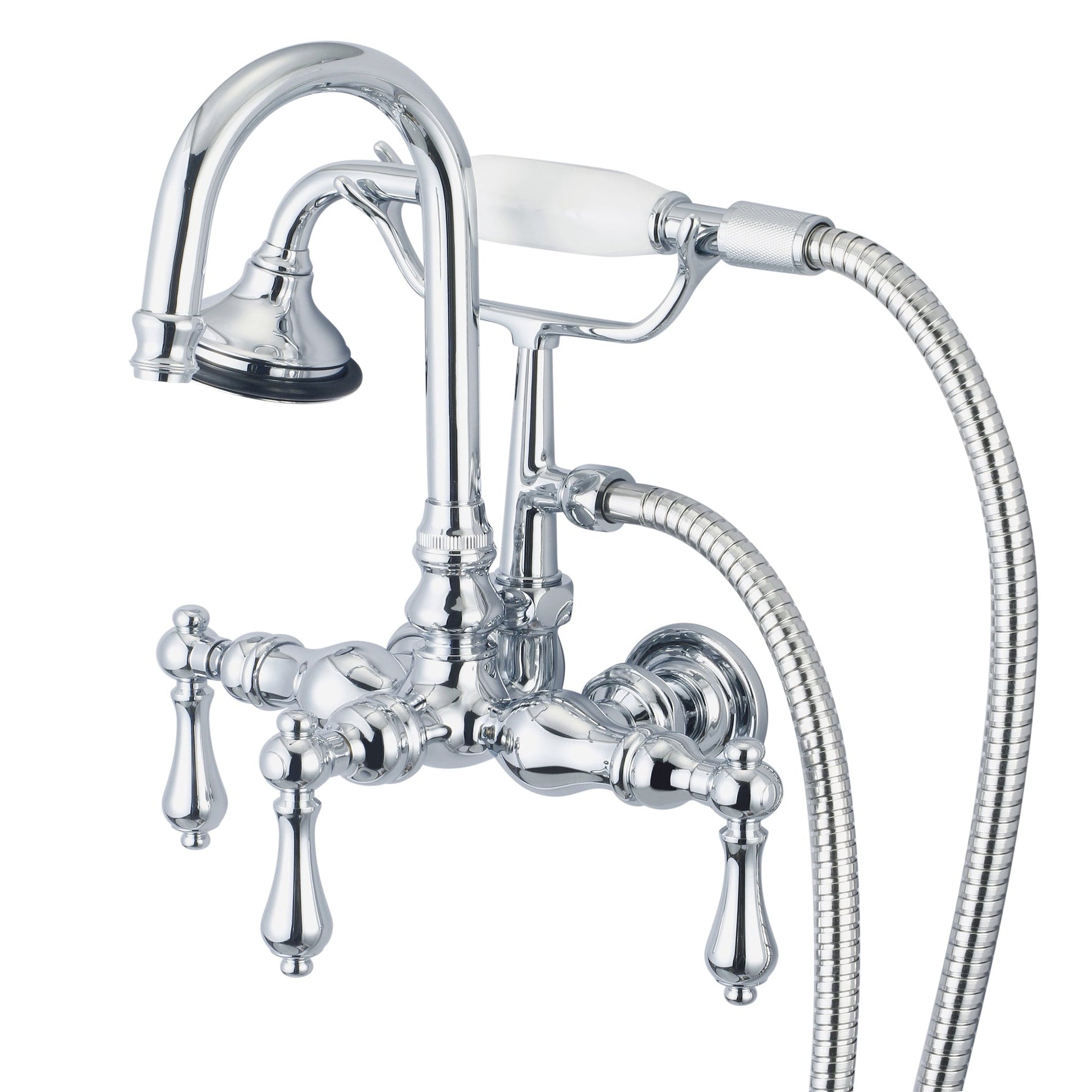 Water Creation Vintage Classic Center Wall Mount Tub F6-0012 9.25" Silver Solid Brass Faucet With Gooseneck Spout, Straight Wall Connector And Handheld Shower And Metal Lever Handles Without Labels