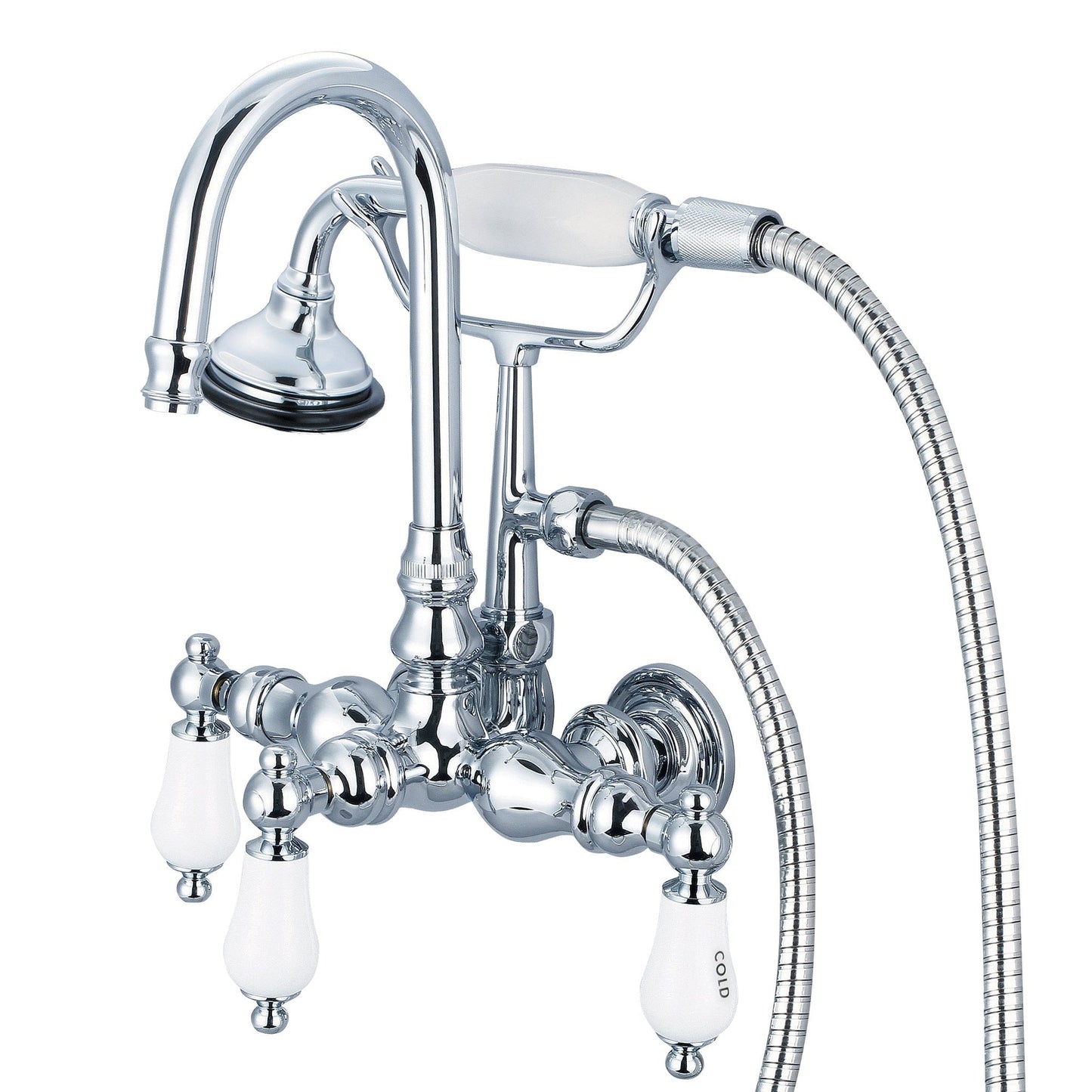Water Creation Vintage Classic Center Wall Mount Tub F6-0012 9.25" Silver Solid Brass Faucet With Gooseneck Spout, Straight Wall Connector And Handheld Shower And Porcelain Lever Handles, Hot And Cold Labels Included