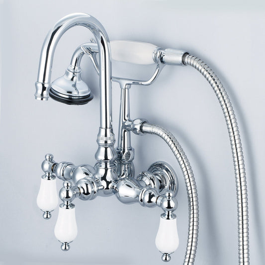 Water Creation Vintage Classic Center Wall Mount Tub F6-0012 9.25" Silver Solid Brass Faucet With Gooseneck Spout, Straight Wall Connector And Handheld Shower And Porcelain Lever Handles Without Labels