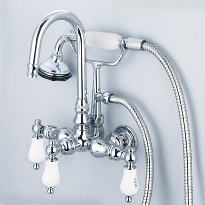 Water Creation Vintage Classic Center Wall Mount Tub F6-0012 9.25" Silver Solid Brass Faucet With Gooseneck Spout, Straight Wall Connector And Handheld Shower And Porcelain Lever Handles, Hot And Cold Labels Included