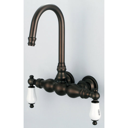 Water Creation Vintage Classic Center Wall Mount Tub F6-0014 9.25" Brown Solid Brass Faucet With Gooseneck Spout And Straight Wall Connector And Porcelain Lever Handles, Hot And Cold Labels Included