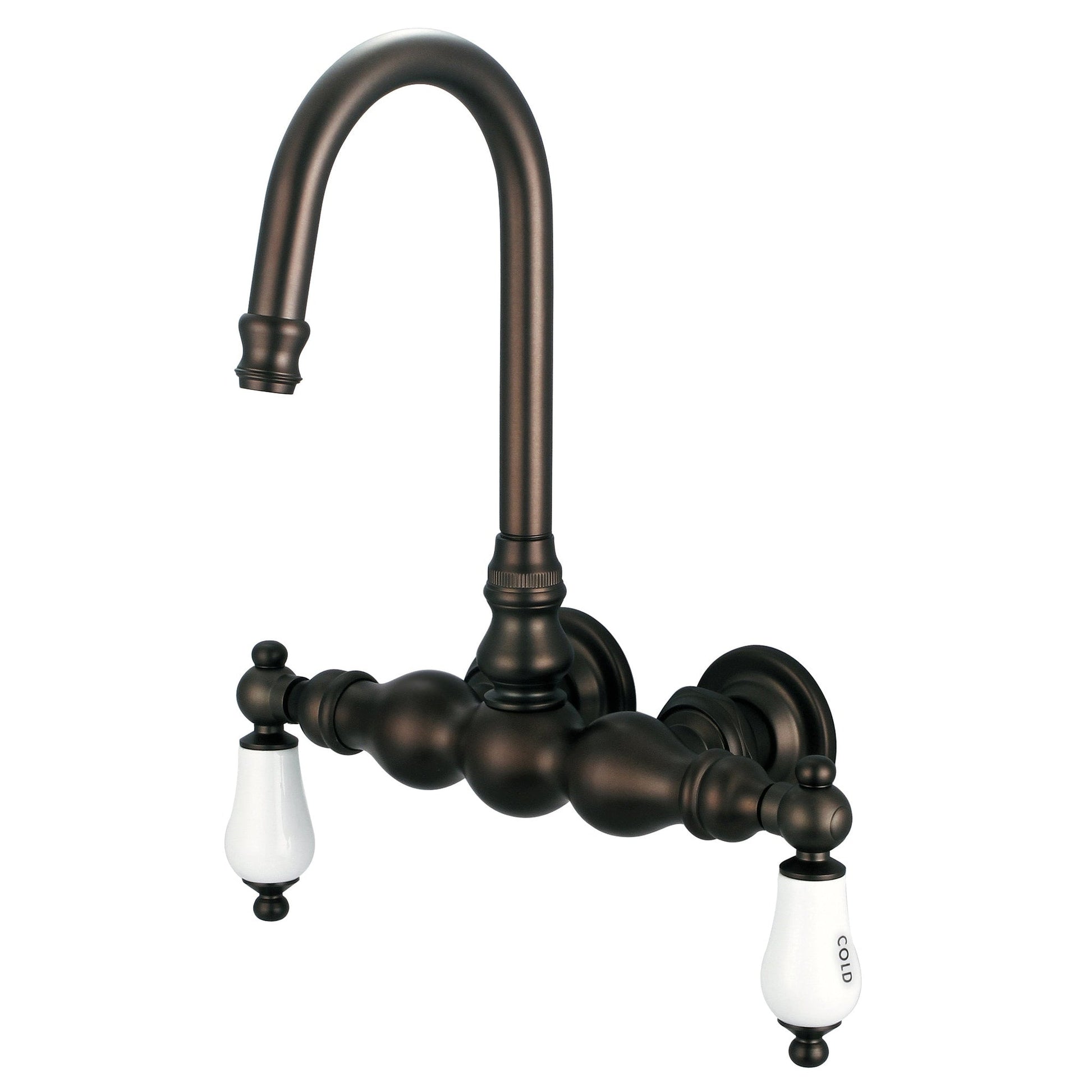 Water Creation Vintage Classic Center Wall Mount Tub F6-0014 9.25" Brown Solid Brass Faucet With Gooseneck Spout And Straight Wall Connector And Porcelain Lever Handles, Hot And Cold Labels Included