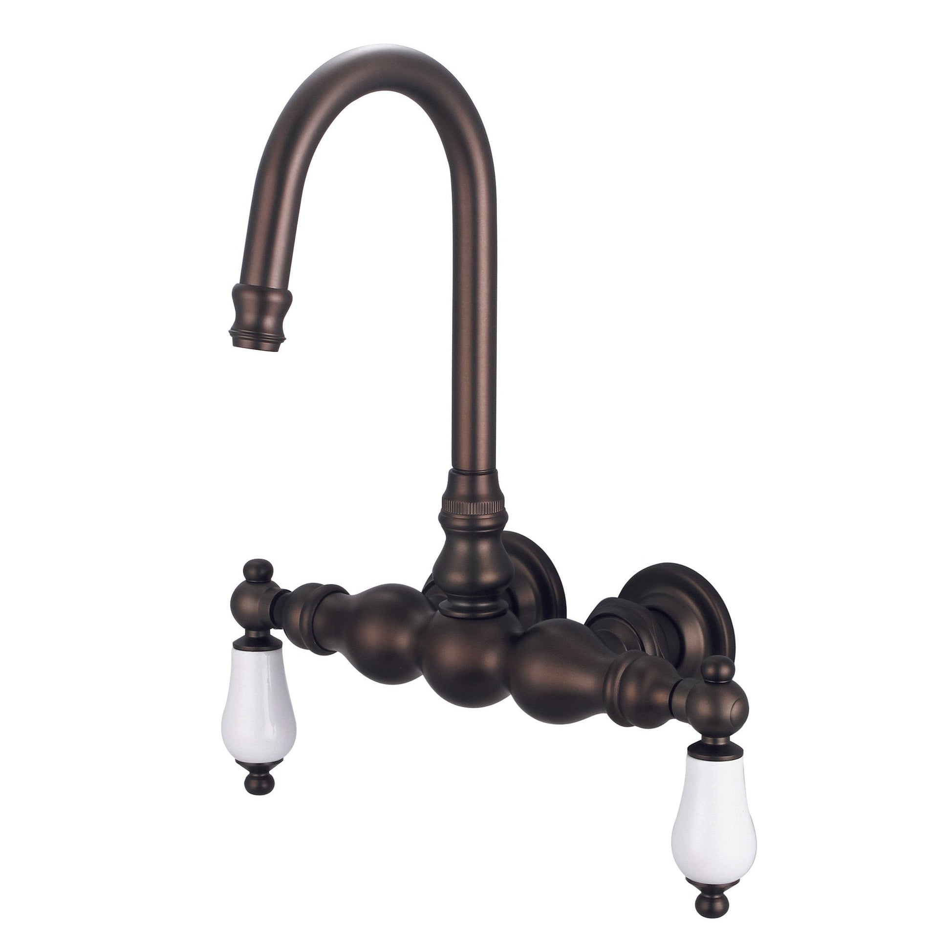 Water Creation Vintage Classic Center Wall Mount Tub F6-0014 9.25" Brown Solid Brass Faucet With Gooseneck Spout And Straight Wall Connector And Porcelain Lever Handles Without Labels