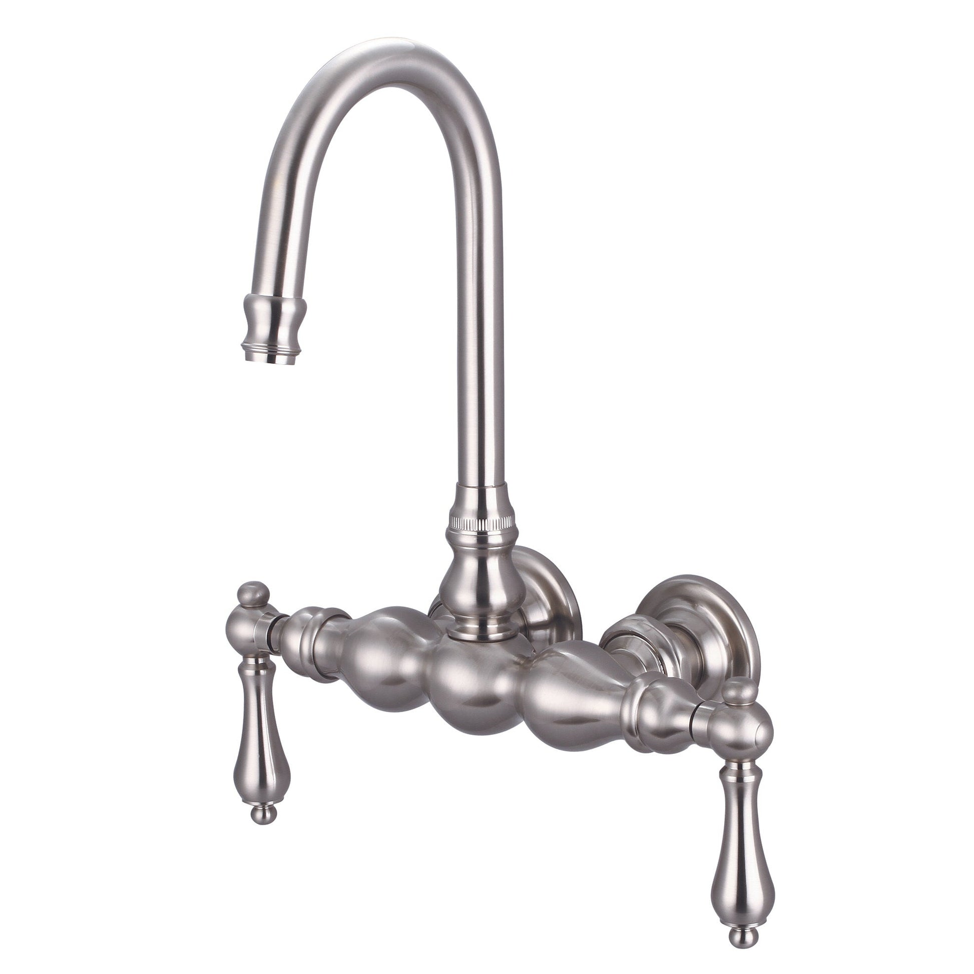 Water Creation Vintage Classic Center Wall Mount Tub F6-0014 9.25" Grey Solid Brass Faucet With Gooseneck Spout And Straight Wall Connector And Metal Lever Handles Without Labels