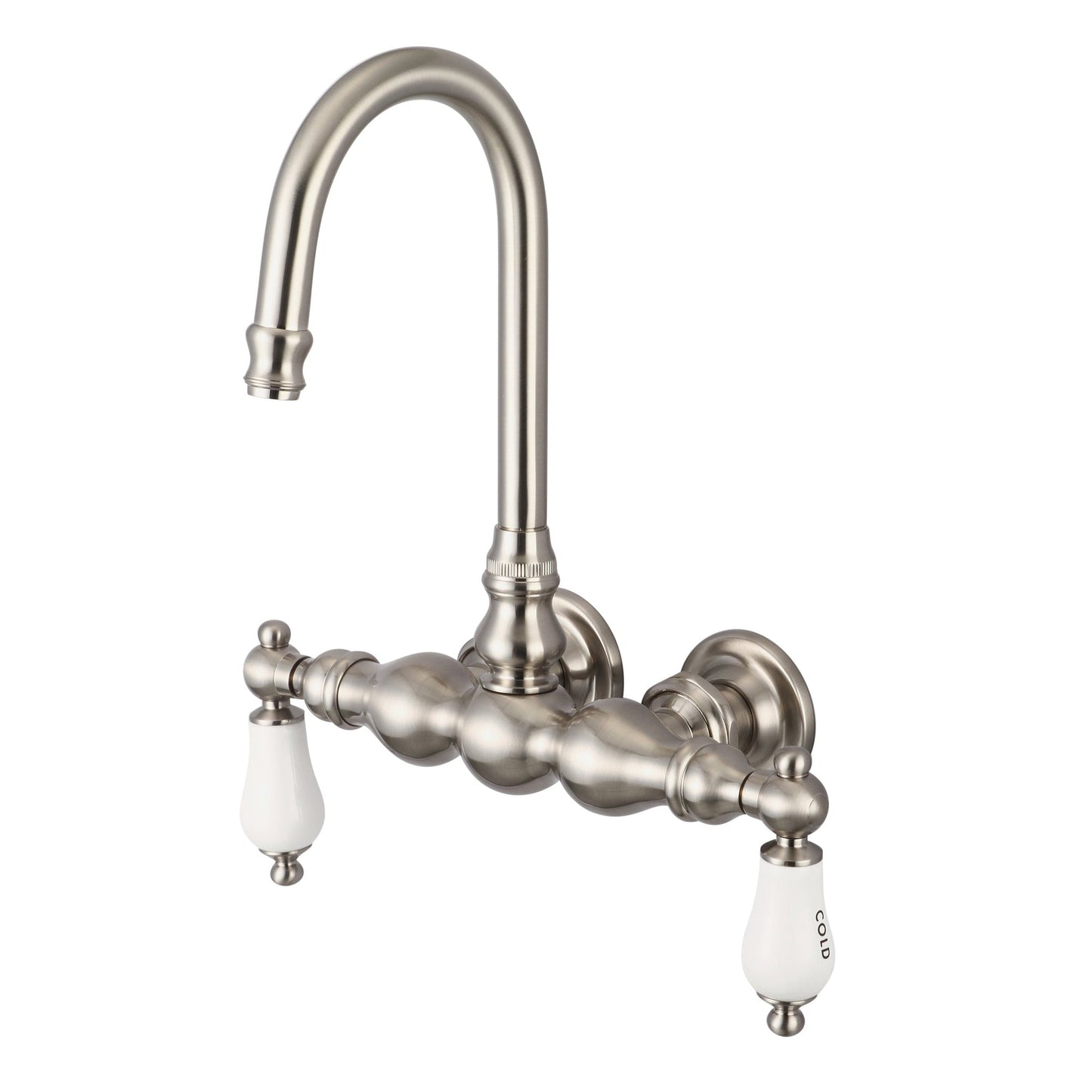 Water Creation Vintage Classic Center Wall Mount Tub F6-0014 9.25" Grey Solid Brass Faucet With Gooseneck Spout And Straight Wall Connector And Porcelain Lever Handles, Hot And Cold Labels Included
