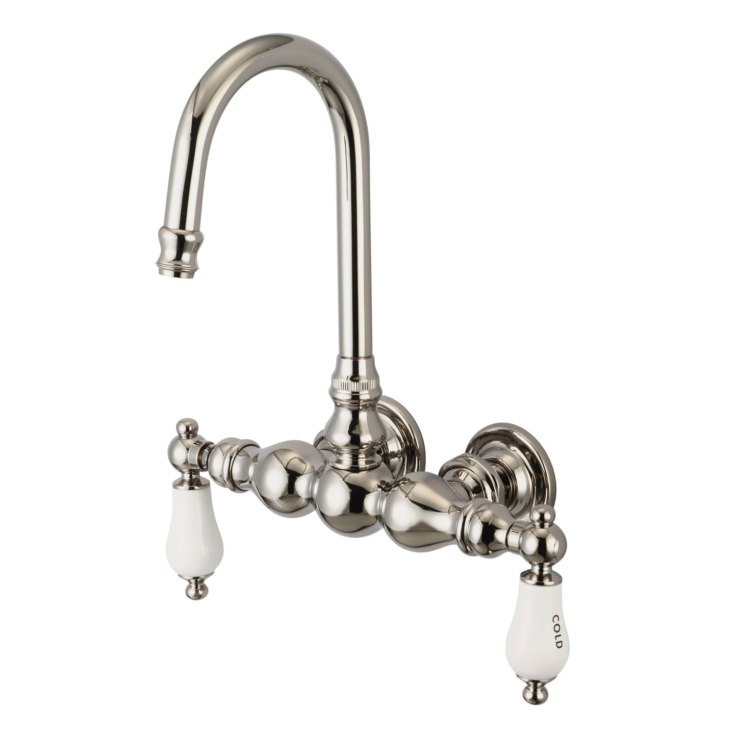 Water Creation Vintage Classic Center Wall Mount Tub F6-0014 9.25" Ivory Solid Brass Faucet With Gooseneck Spout And Straight Wall Connector And Porcelain Lever Handles, Hot And Cold Labels Included