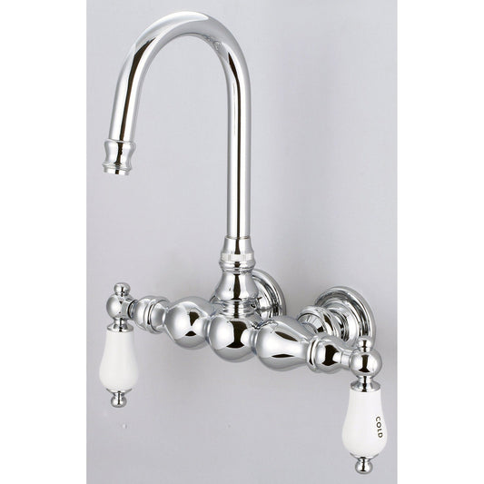 Water Creation Vintage Classic Center Wall Mount Tub F6-0014 9.25" Silver Solid Brass Faucet With Gooseneck Spout And Straight Wall Connector And Porcelain Lever Handles, Hot And Cold Labels Included