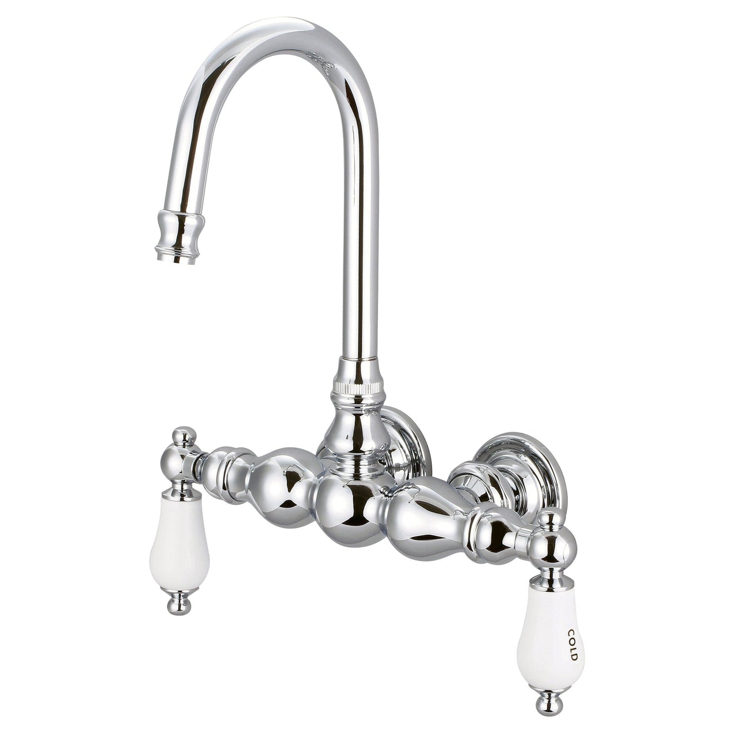 Water Creation Vintage Classic Center Wall Mount Tub F6-0014 9.25" Silver Solid Brass Faucet With Gooseneck Spout And Straight Wall Connector And Porcelain Lever Handles, Hot And Cold Labels Included