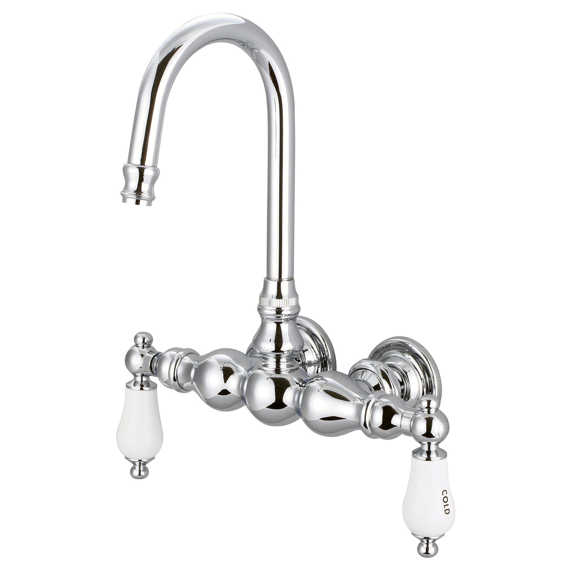 Water Creation Vintage Classic Center Wall Mount Tub F6-0014 9.25" Silver Solid Brass Faucet With Gooseneck Spout And Straight Wall Connector And Porcelain Lever Handles, Hot And Cold Labels Included