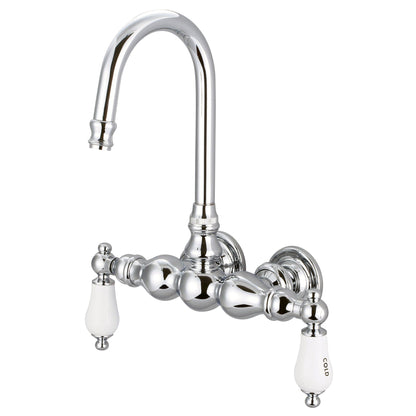 Water Creation Vintage Classic Center Wall Mount Tub F6-0014 9.25" Silver Solid Brass Faucet With Gooseneck Spout And Straight Wall Connector And Porcelain Lever Handles, Hot And Cold Labels Included