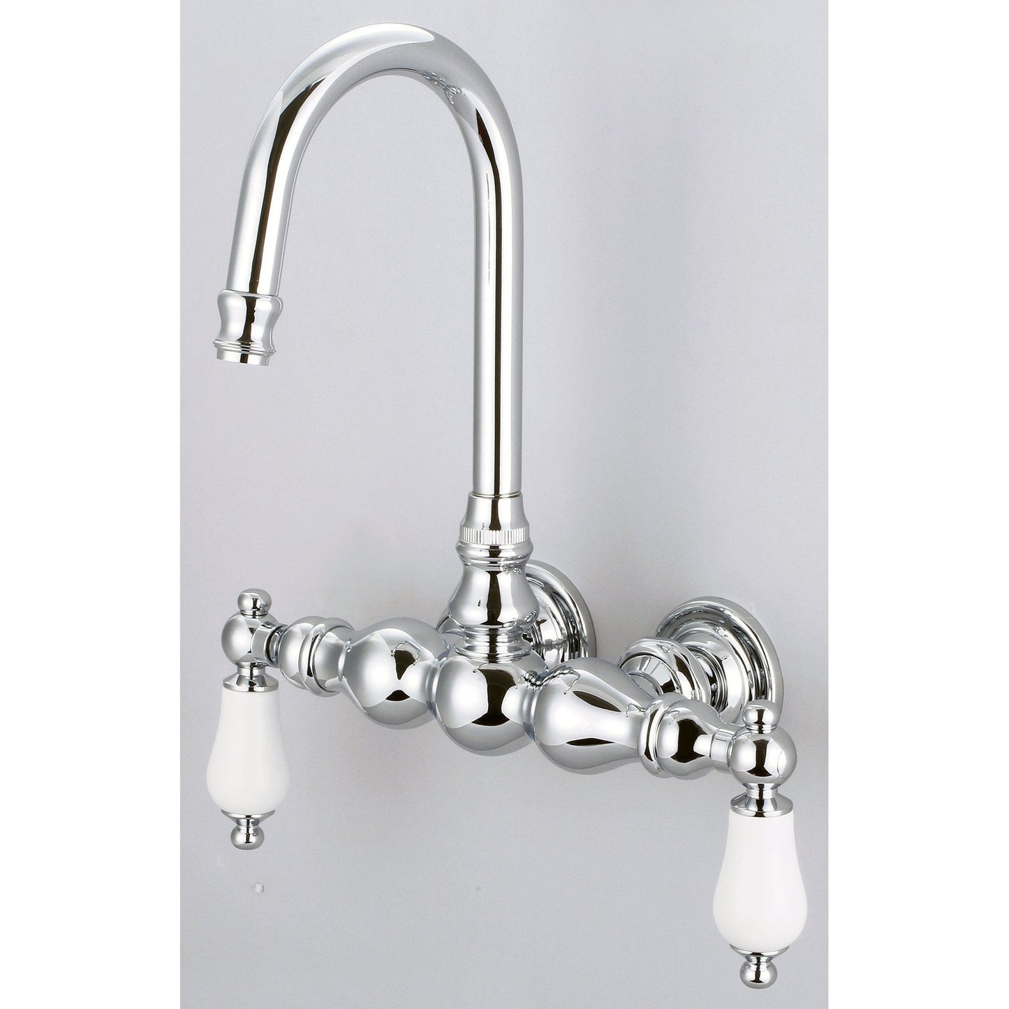 Water Creation Vintage Classic Center Wall Mount Tub F6-0014 9.25" Silver Solid Brass Faucet With Gooseneck Spout And Straight Wall Connector And Porcelain Lever Handles Without Labels