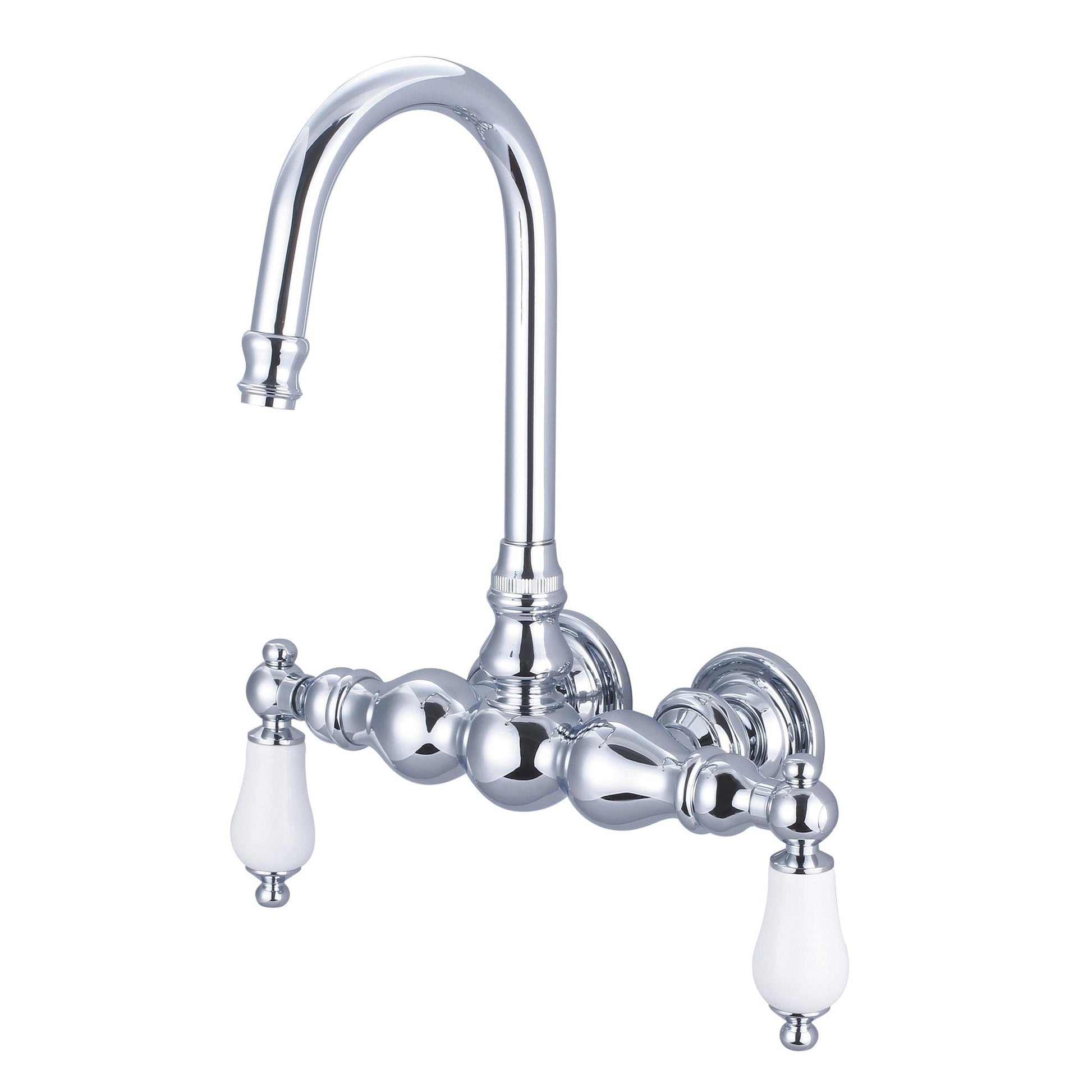 Water Creation Vintage Classic Center Wall Mount Tub F6-0014 9.25" Silver Solid Brass Faucet With Gooseneck Spout And Straight Wall Connector And Porcelain Lever Handles Without Labels