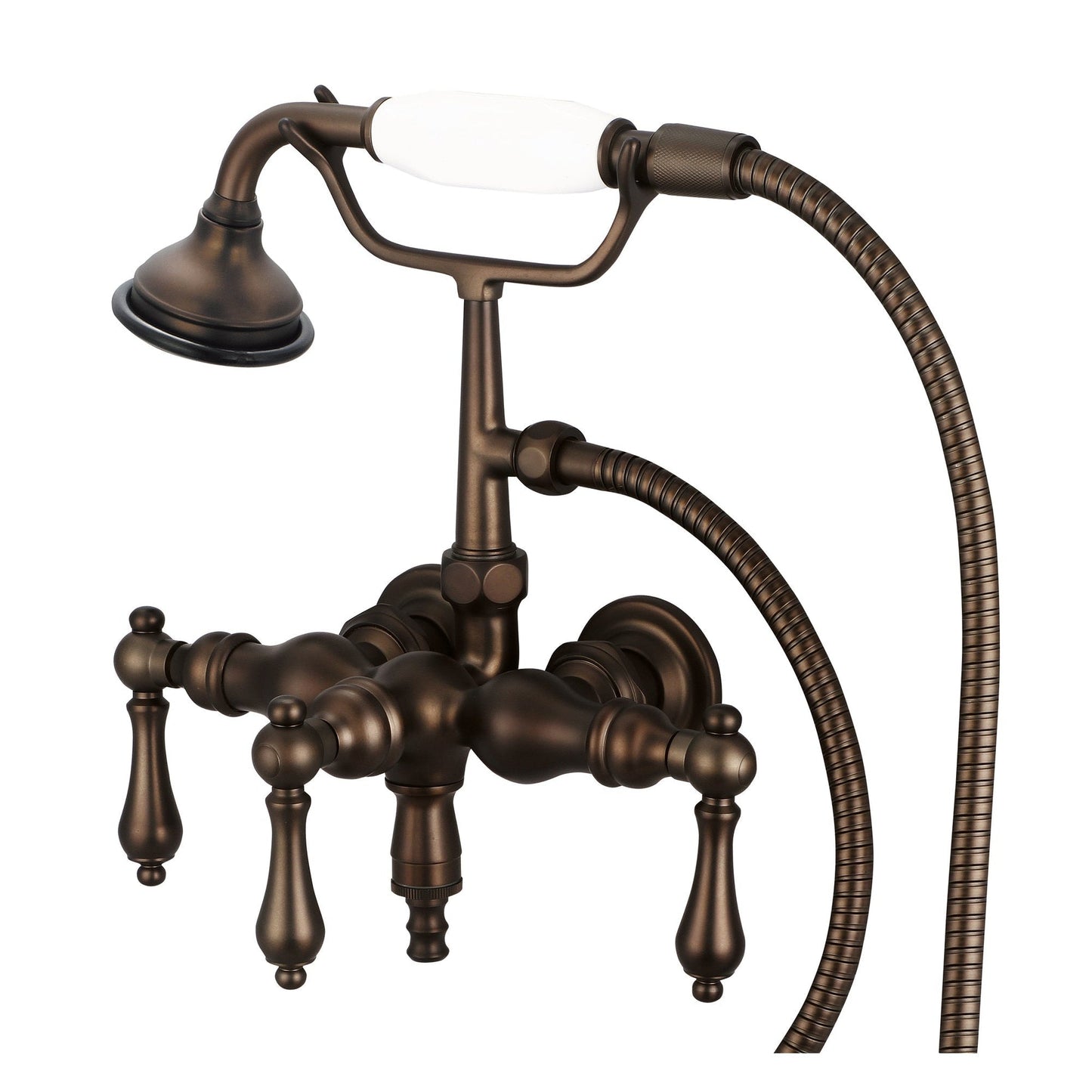 Water Creation Vintage Classic Center Wall Mount Tub F6-0017 9.25" Brown Solid Brass Faucet With Down Spout, Straight Wall Connector And Handheld Shower And Metal Lever Handles Without Labels