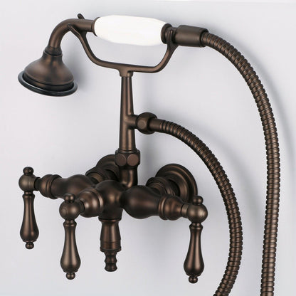 Water Creation Vintage Classic Center Wall Mount Tub F6-0017 9.25" Brown Solid Brass Faucet With Down Spout, Straight Wall Connector And Handheld Shower And Metal Lever Handles Without Labels