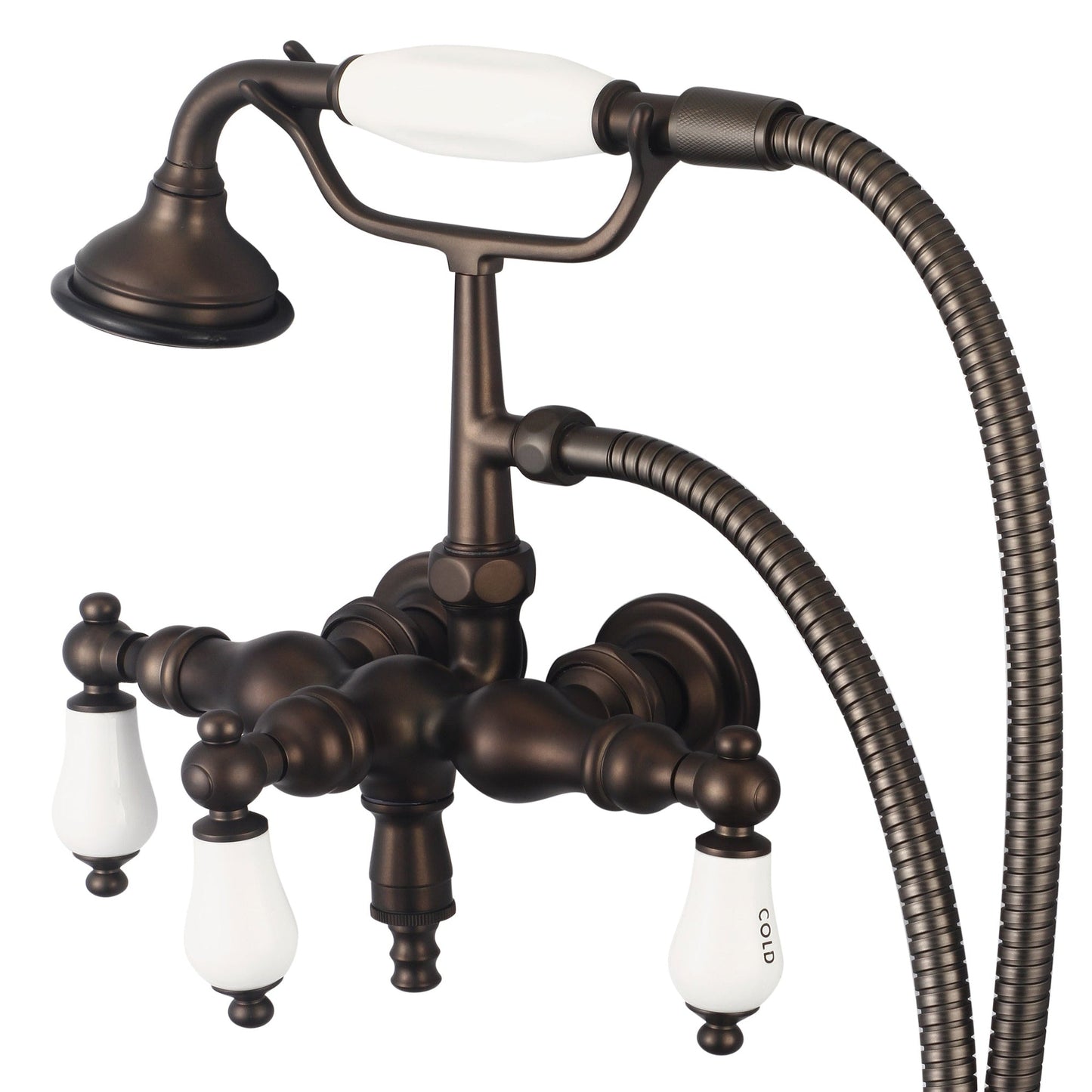 Water Creation Vintage Classic Center Wall Mount Tub F6-0017 9.25" Brown Solid Brass Faucet With Down Spout, Straight Wall Connector And Handheld Shower And Porcelain Lever Handles, Hot And Cold Labels Included