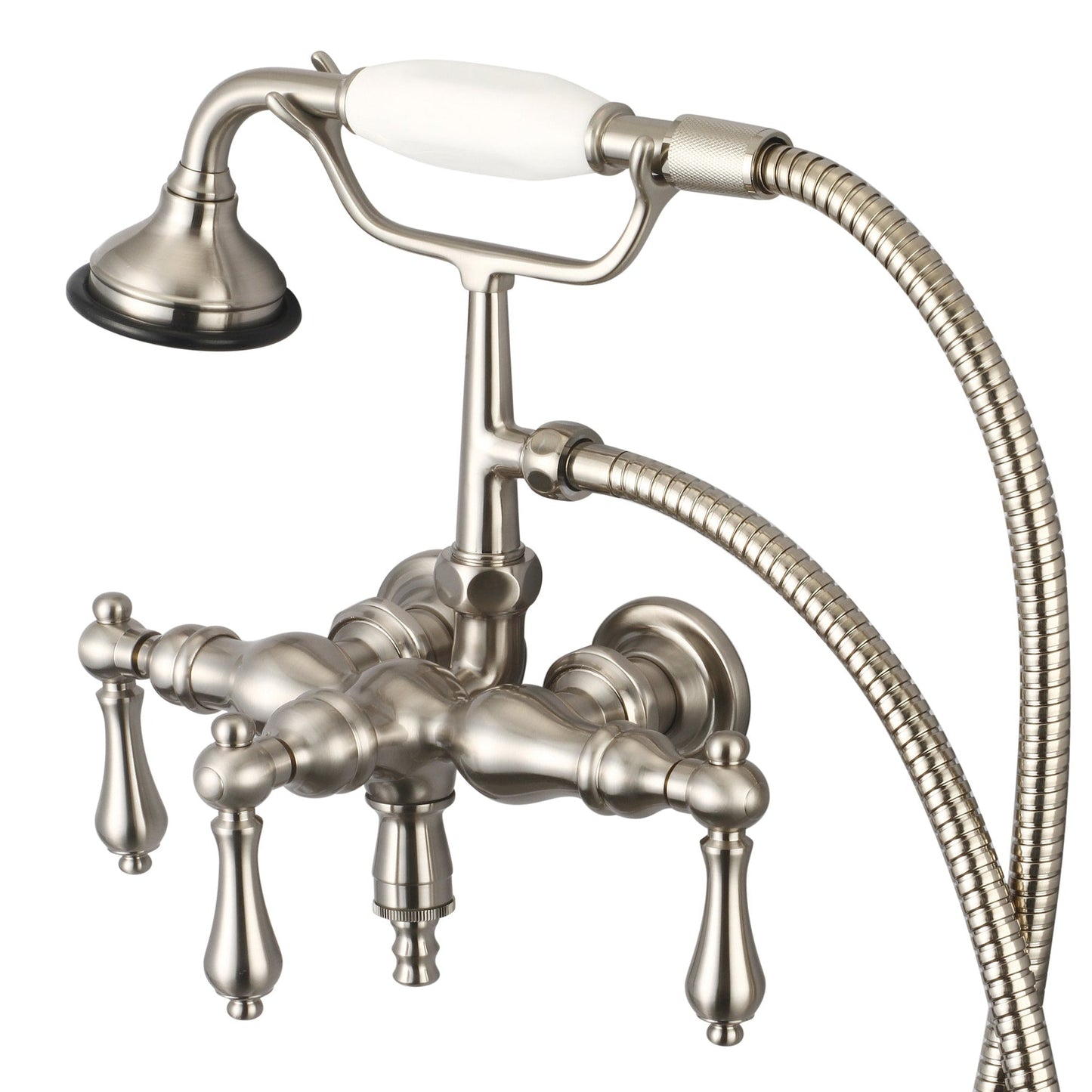 Water Creation Vintage Classic Center Wall Mount Tub F6-0017 9.25" Grey Solid Brass Faucet With Down Spout, Straight Wall Connector And Handheld Shower And Metal Lever Handles Without Labels