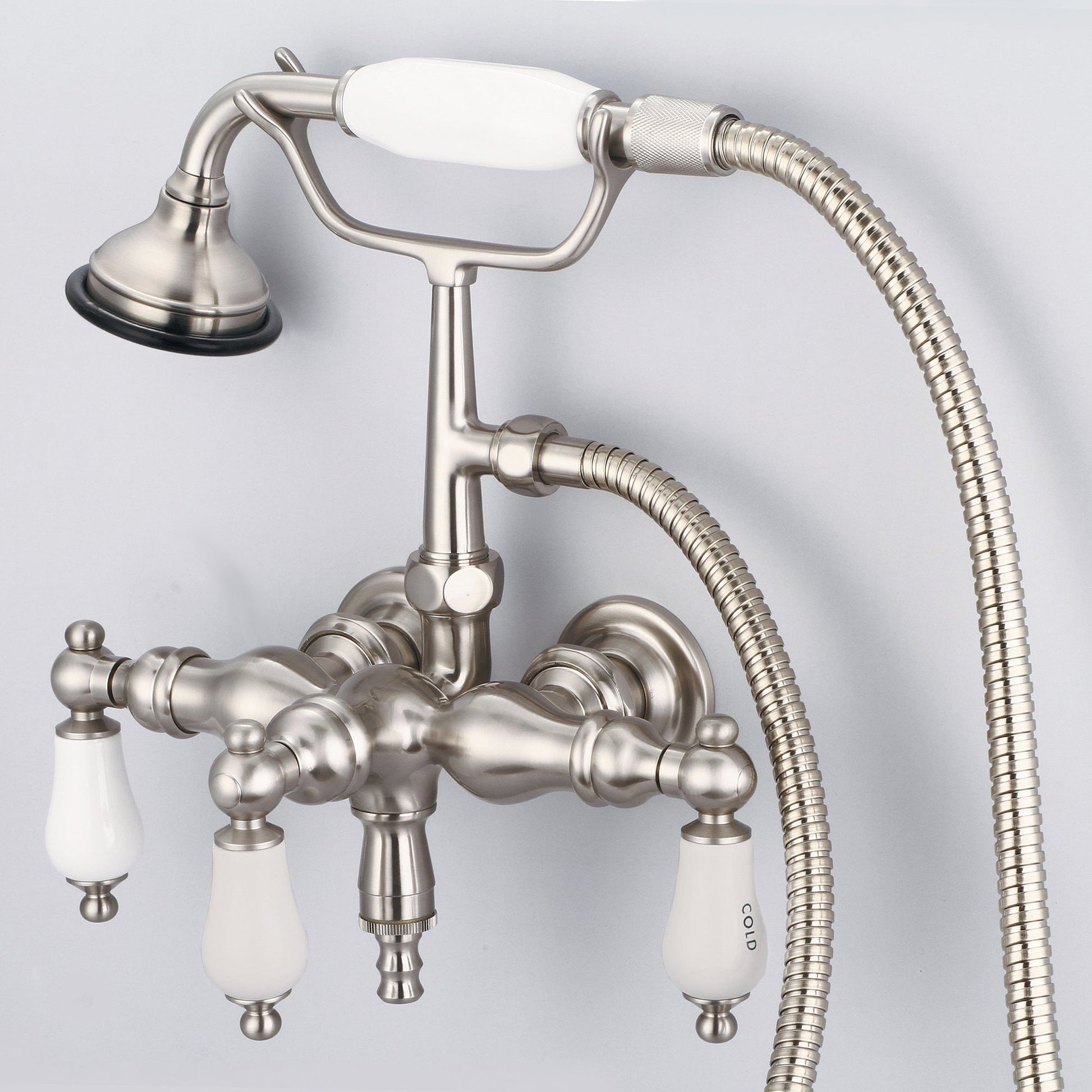 Water Creation Vintage Classic Center Wall Mount Tub F6-0017 9.25" Grey Solid Brass Faucet With Down Spout, Straight Wall Connector And Handheld Shower And Porcelain Lever Handles, Hot And Cold Labels Included