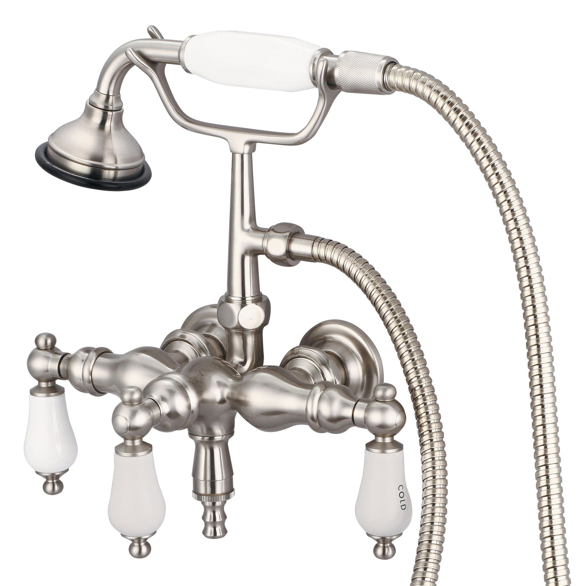 Water Creation Vintage Classic Center Wall Mount Tub F6-0017 9.25" Grey Solid Brass Faucet With Down Spout, Straight Wall Connector And Handheld Shower And Porcelain Lever Handles, Hot And Cold Labels Included