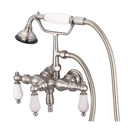 Water Creation Vintage Classic Center Wall Mount Tub F6-0017 9.25" Grey Solid Brass Faucet With Down Spout, Straight Wall Connector And Handheld Shower And Porcelain Lever Handles Without Labels