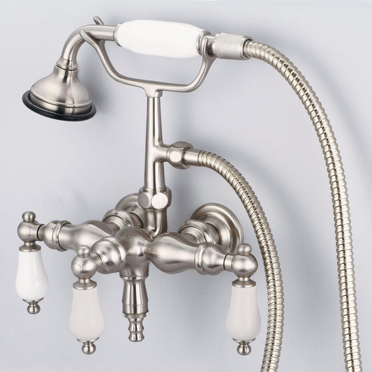 Water Creation Vintage Classic Center Wall Mount Tub F6-0017 9.25" Grey Solid Brass Faucet With Down Spout, Straight Wall Connector And Handheld Shower And Porcelain Lever Handles Without Labels
