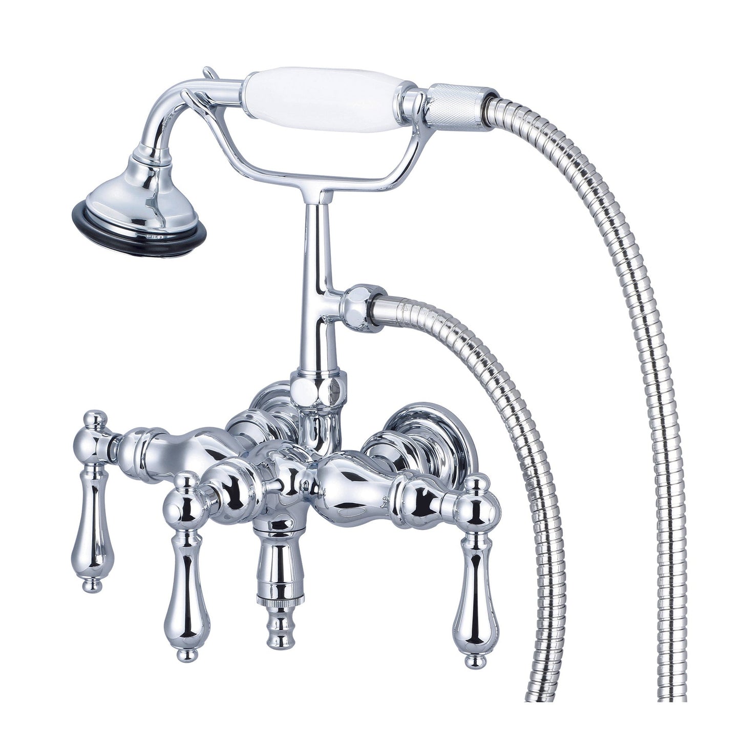 Water Creation Vintage Classic Center Wall Mount Tub F6-0017 9.25" Silver Solid Brass Faucet With Down Spout, Straight Wall Connector And Handheld Shower And Metal Lever Handles Without Labels