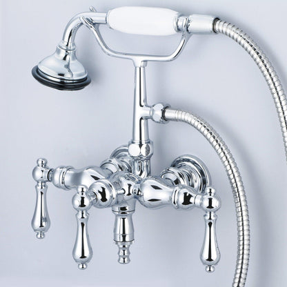 Water Creation Vintage Classic Center Wall Mount Tub F6-0017 9.25" Silver Solid Brass Faucet With Down Spout, Straight Wall Connector And Handheld Shower And Metal Lever Handles Without Labels