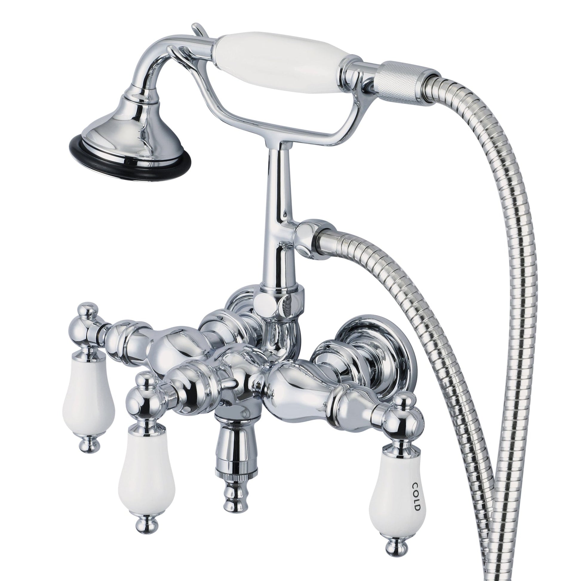 Water Creation Vintage Classic Center Wall Mount Tub F6-0017 9.25" Silver Solid Brass Faucet With Down Spout, Straight Wall Connector And Handheld Shower And Porcelain Lever Handles, Hot And Cold Labels Included