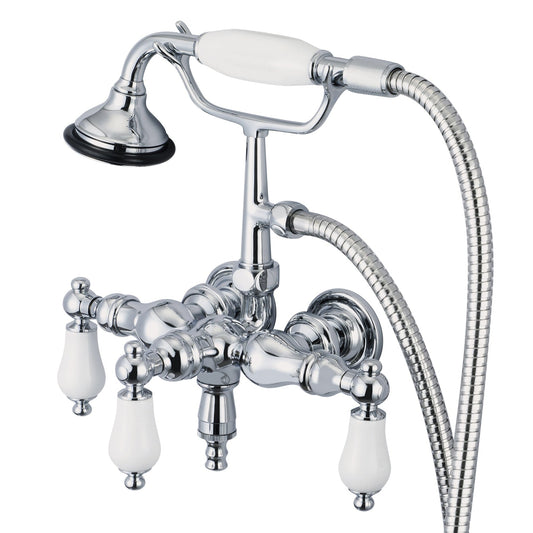 Water Creation Vintage Classic Center Wall Mount Tub F6-0017 9.25" Silver Solid Brass Faucet With Down Spout, Straight Wall Connector And Handheld Shower And Porcelain Lever Handles Without Labels