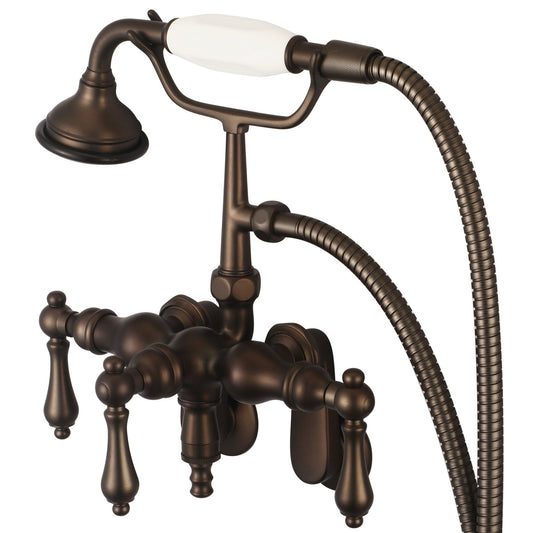 Water Creation Vintage Classic Center Wall Mount Tub F6-0018 9.25" Brown Solid Brass Faucet With Down Spout, Swivel Wall Connector And Handheld Shower And Metal Lever Handles Without Labels