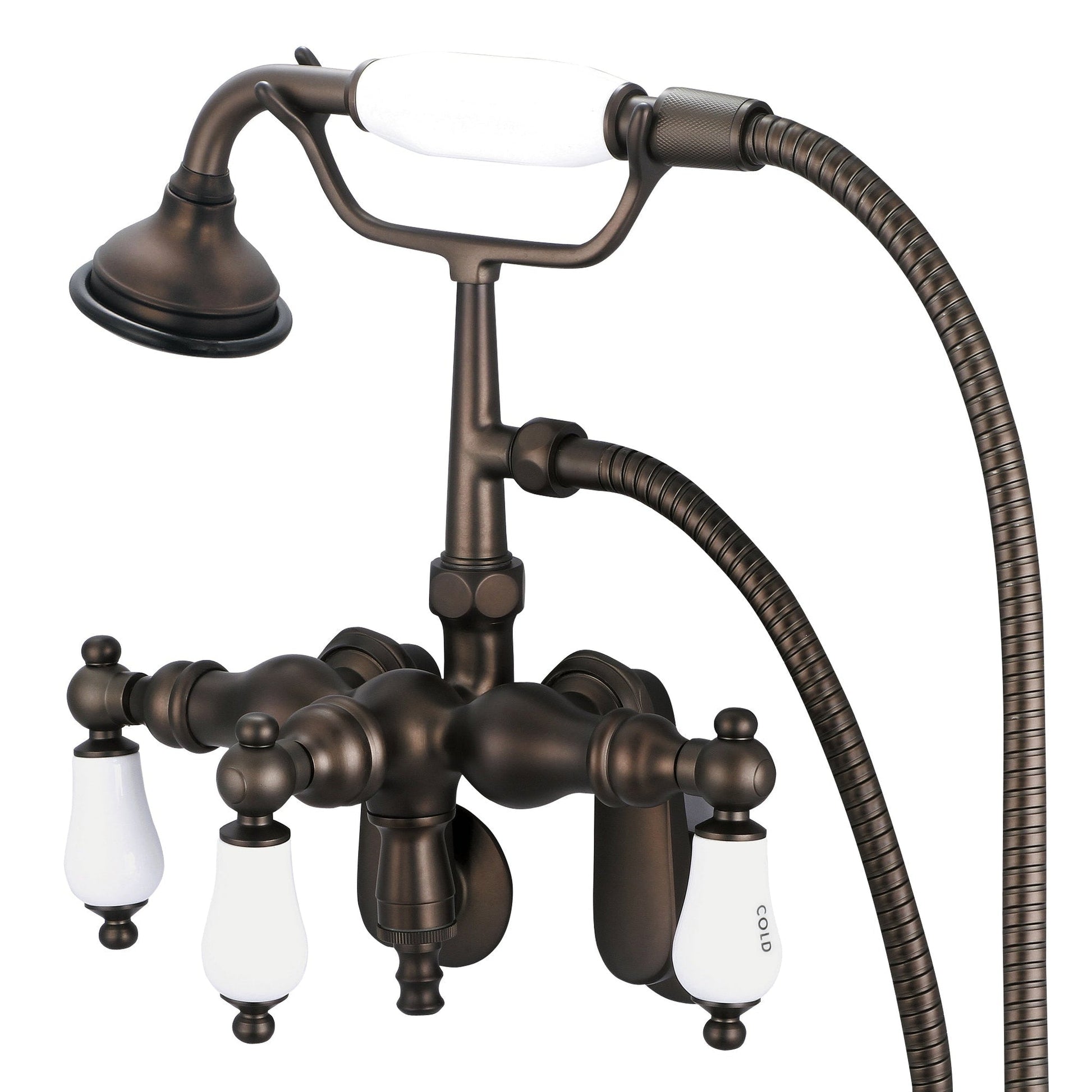 Water Creation Vintage Classic Center Wall Mount Tub F6-0018 9.25" Brown Solid Brass Faucet With Down Spout, Swivel Wall Connector And Handheld Shower And Porcelain Lever Handles, Hot And Cold Labels Included