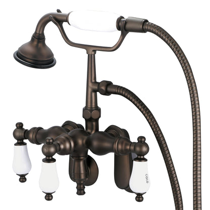 Water Creation Vintage Classic Center Wall Mount Tub F6-0018 9.25" Brown Solid Brass Faucet With Down Spout, Swivel Wall Connector And Handheld Shower And Porcelain Lever Handles, Hot And Cold Labels Included