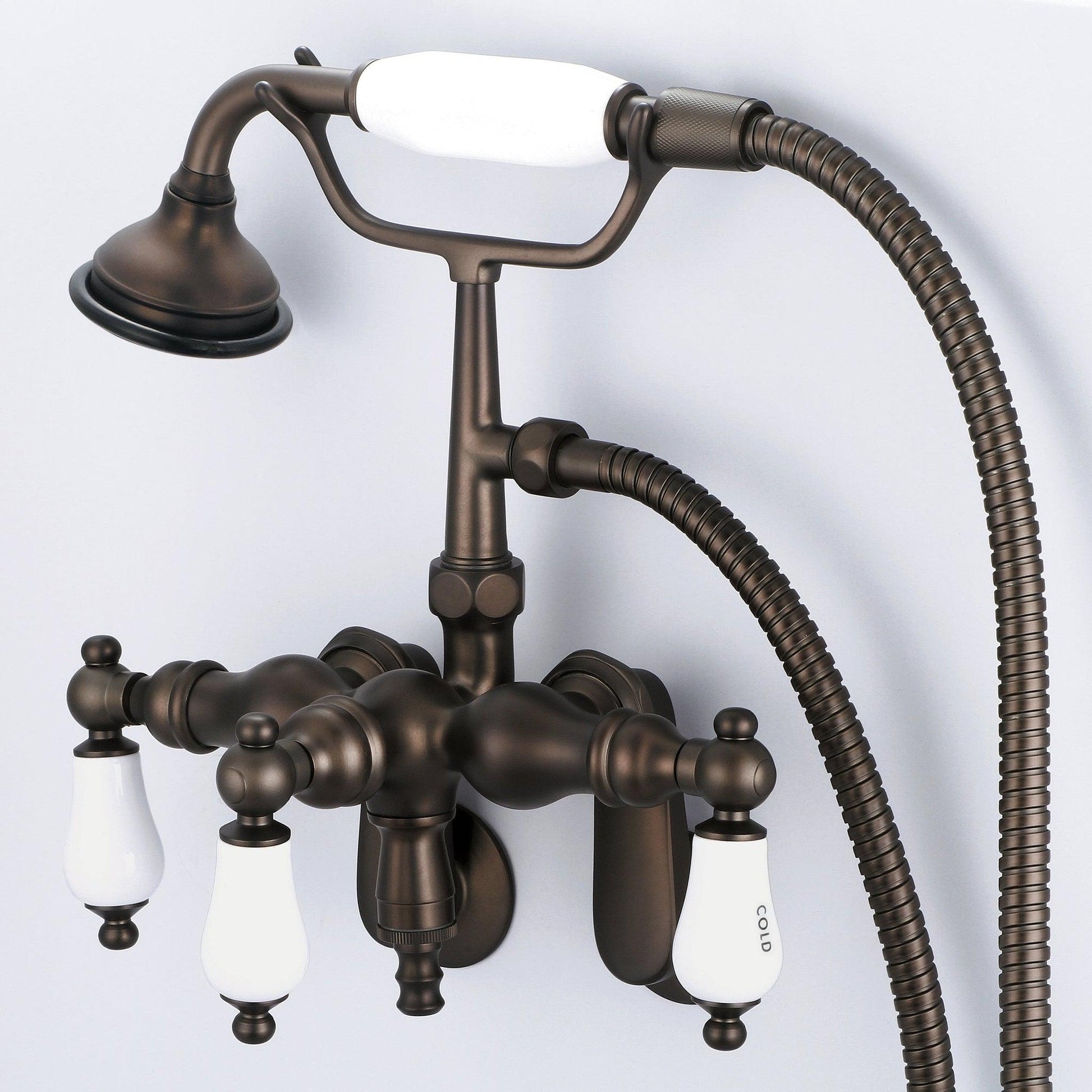 Water Creation Vintage Classic Center Wall Mount Tub F6-0018 9.25" Brown Solid Brass Faucet With Down Spout, Swivel Wall Connector And Handheld Shower And Porcelain Lever Handles, Hot And Cold Labels Included