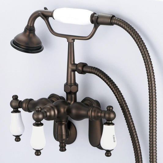 Water Creation Vintage Classic Center Wall Mount Tub F6-0018 9.25" Brown Solid Brass Faucet With Down Spout, Swivel Wall Connector And Handheld Shower And Porcelain Lever Handles, Hot And Cold Labels Included