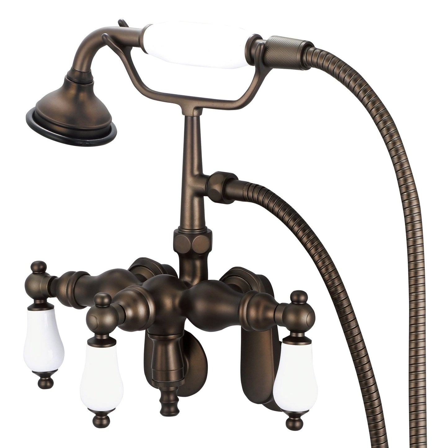 Water Creation Vintage Classic Center Wall Mount Tub F6-0018 9.25" Brown Solid Brass Faucet With Down Spout, Swivel Wall Connector And Handheld Shower And Porcelain Lever Handles Without Labels