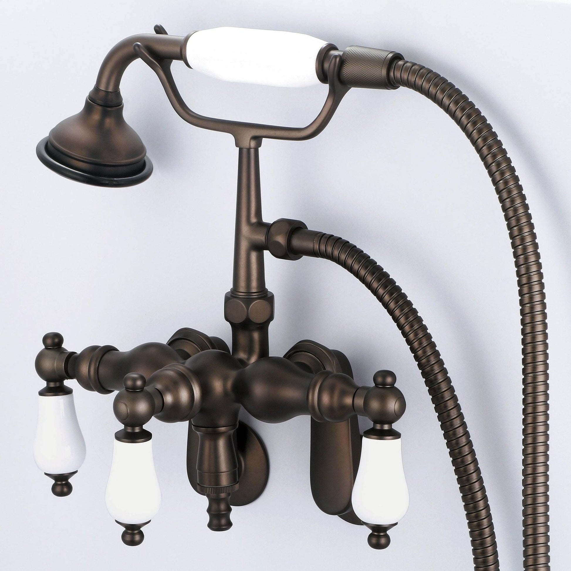 Water Creation Vintage Classic Center Wall Mount Tub F6-0018 9.25" Brown Solid Brass Faucet With Down Spout, Swivel Wall Connector And Handheld Shower And Porcelain Lever Handles Without Labels