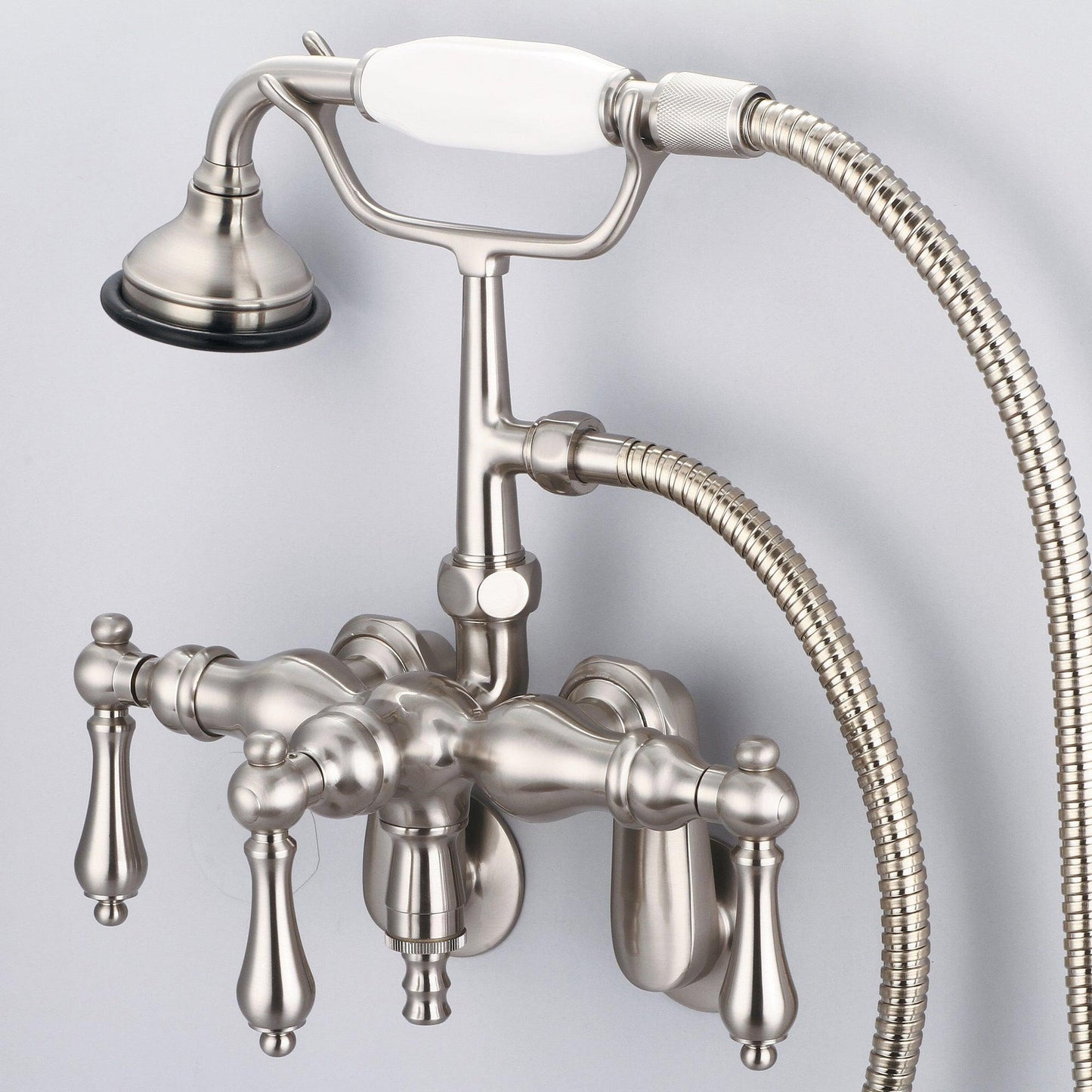 Water Creation Vintage Classic Center Wall Mount Tub F6-0018 9.25" Grey Solid Brass Faucet With Down Spout, Swivel Wall Connector And Handheld Shower And Metal Lever Handles Without Labels