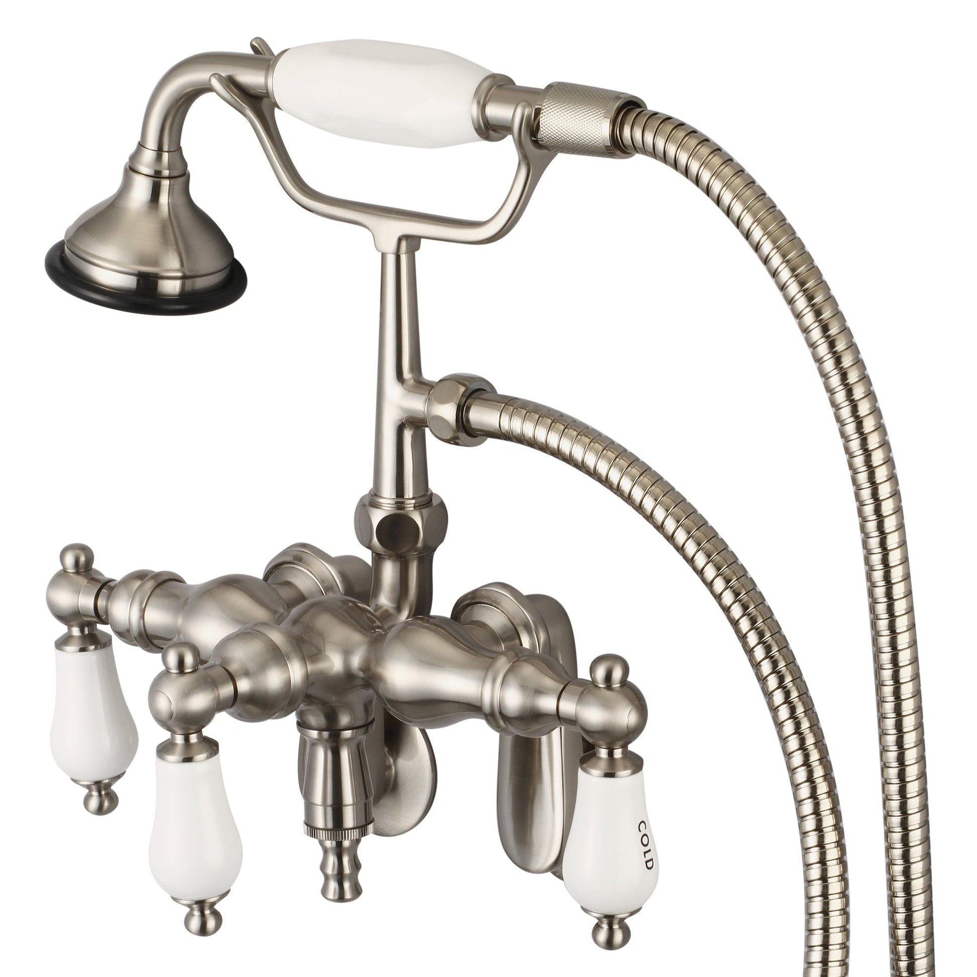 Water Creation Vintage Classic Center Wall Mount Tub F6-0018 9.25" Grey Solid Brass Faucet With Down Spout, Swivel Wall Connector And Handheld Shower And Porcelain Lever Handles, Hot And Cold Labels Included
