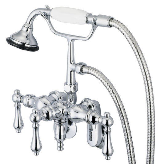 Water Creation Vintage Classic Center Wall Mount Tub F6-0018 9.25" Silver Solid Brass Faucet With Down Spout, Swivel Wall Connector And Handheld Shower And Metal Lever Handles Without Labels