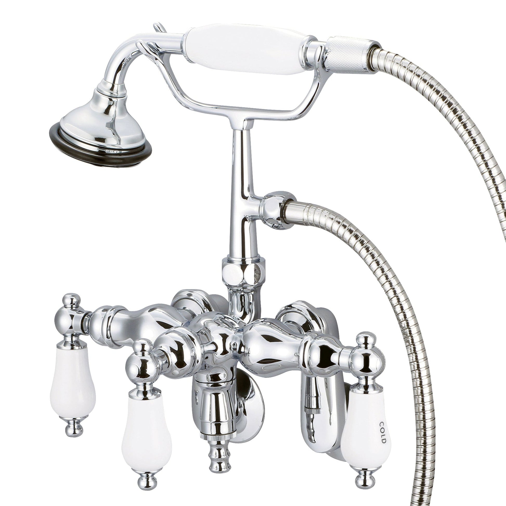 Water Creation Vintage Classic Center Wall Mount Tub F6-0018 9.25" Silver Solid Brass Faucet With Down Spout, Swivel Wall Connector And Handheld Shower And Porcelain Lever Handles, Hot And Cold Labels Included