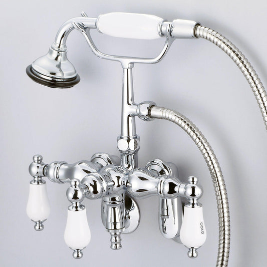 Water Creation Vintage Classic Center Wall Mount Tub F6-0018 9.25" Silver Solid Brass Faucet With Down Spout, Swivel Wall Connector And Handheld Shower And Porcelain Lever Handles, Hot And Cold Labels Included